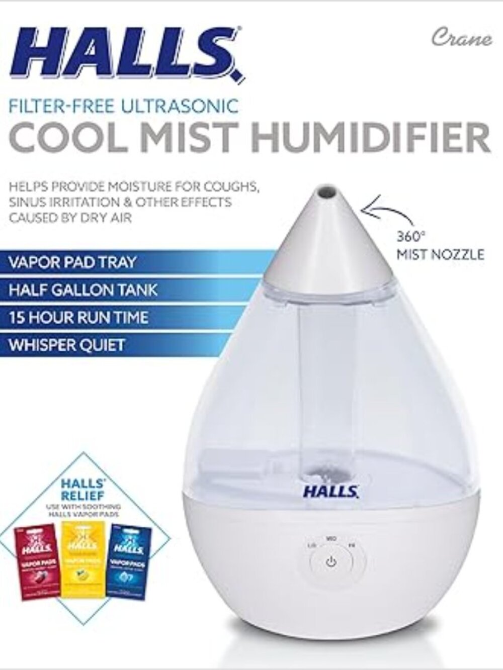 Crane x HALLS Droplet Ultrasonic Small Air Humidifier 0.5 gal